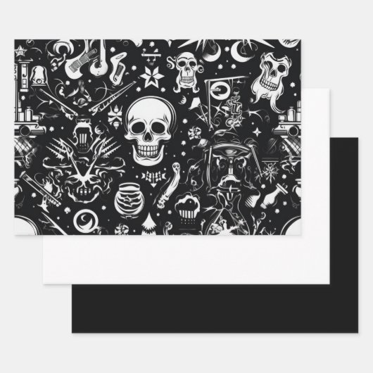 3 pc. Papier d'enveloppement crânien noir et blanc (Lot)