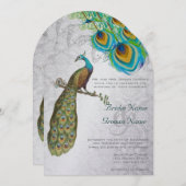 3 Peacock Feathers Art Deco Wedidng Invite Kaart (Voorkant / Achterkant)