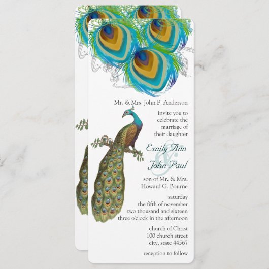 3 Peacock Feathers Art Déco Wedidting Invitation (Devant / Derrière)