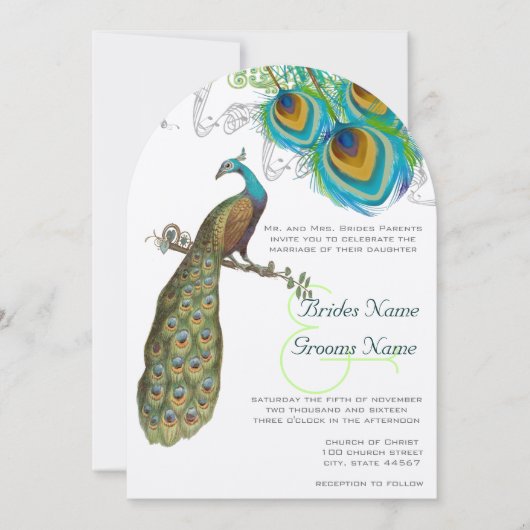 3 Peacock Feathers Art Déco Wedidting Invitation (Devant)