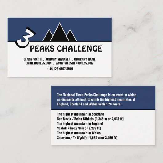 3 Peaks Challenge, Carte de visite d'alpinisme (Devant / Derrière)