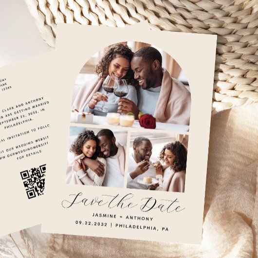 3-Photo Arch Collage QR Code Beige Bewaar de datum Briefkaart