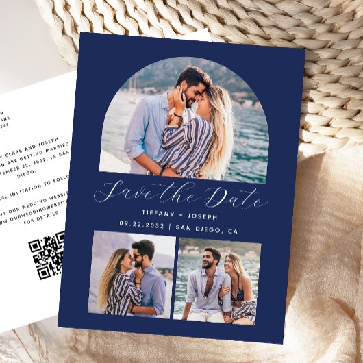 3 Photo Arch QR Code Navy Blue Bewaar de datum Briefkaart