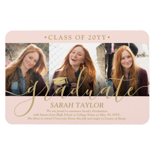3 Photo Blush Pink & Gold Afstuderen Aankondiging Magneet (Horizontaal)