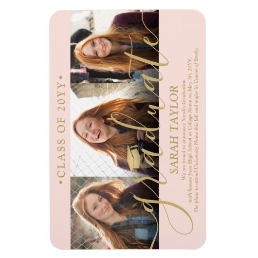 3 Photo Blush Pink & Gold Afstuderen Aankondiging Magneet (Verticaal)