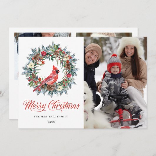 3 PHOTO Cardinal Rouge Carte de Noël Wreath (Devant / Derrière)
