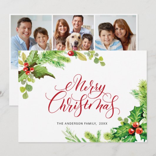 3 PHOTO Carte de vœux de Noël festive baie de houx (Devant / Derrière)