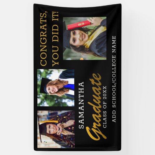 3 Photo Collage Congrats Afstuderen 2022 Black Gol Spandoek (Verticaal)