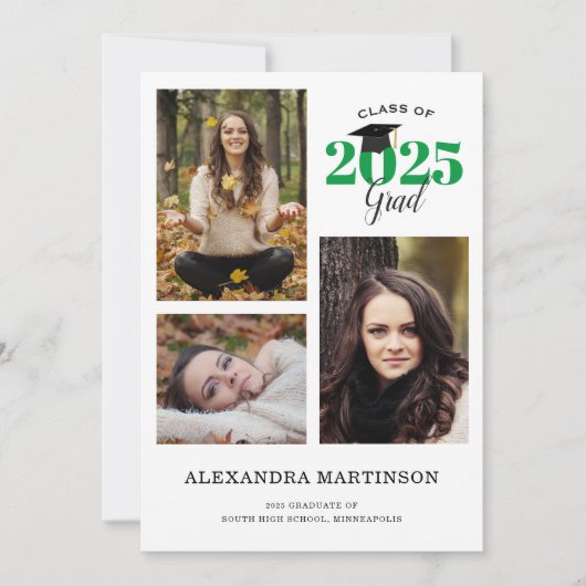 3 Photo Collage Green Graduation Party Invitation (Devant)