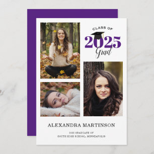 3 Photo Collage Purple Graduation Party Invitation