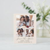 3-Photo Collage QR Code Beige Bewaar de datum Briefkaart (Staand voorkant)