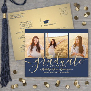 3 Photo Collage Script Navy Blue & Gold Afstuderen Aankondigingskaart