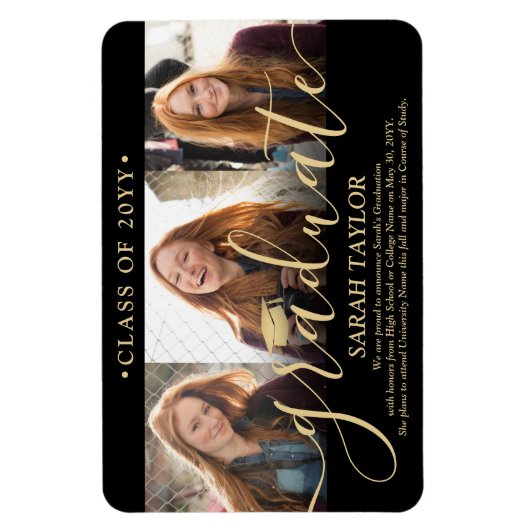 3 Photo Collage Zwart Goud Afstuderen Aankondiging Magneet (Verticaal)
