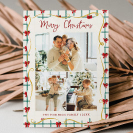 3 Photo Cute Red Green Bow Pattern Merry Christmas Feestdagenkaart