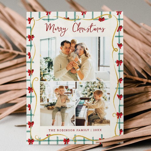3 Photo Cute Red Green Bow Pattern Merry Christmas Feestdagenkaart