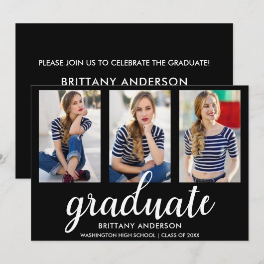 3 Photo Gold Modern Graduation Party Invitation BW (Devant / Derrière)