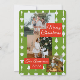 3 Photo Holiday Red + Green Christmas Tree Card Feestdagenkaart