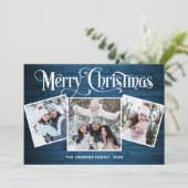 3 PHOTO Kerstmis Rustisch Blue Wood Greeting Feestdagenkaart (Staand voorkant)