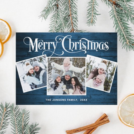 3 PHOTO Kerstmis Rustisch Blue Wood Greeting Feestdagenkaart