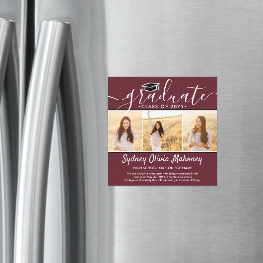 3 Photo Maroon Faire-part de graduation magnétique