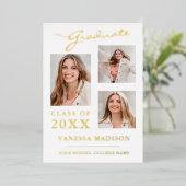 3 Photo Script moderne Blanc Gold Grad Faire-part (Debout devant)