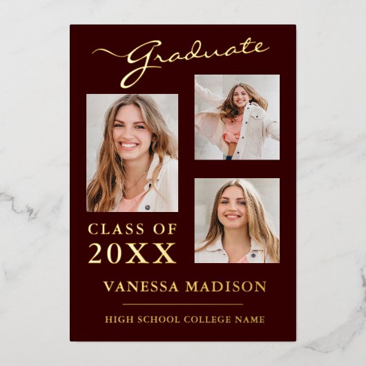 3 Photo Script moderne Bourgogne Grad Faire-part (Recto)