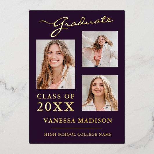 3 Photo Script moderne Purple Grad Faire-part (Recto)