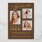 3 Photo Script moderne Tan Brown Grad Faire-part (Recto)