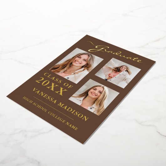 3 Photo Script moderne Tan Brown Grad Faire-part (Rotation)