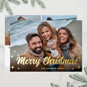 3 PHOTO Sparkle Merry-kerstgroet Gold Folie Feestdagenkaart