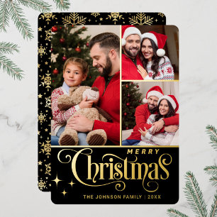 3 PHOTO Sparkle Merry-kerstgroet Gold Folie Feestdagenkaart