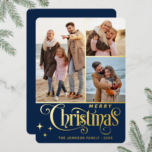 3 PHOTO Sparkle Merry-kerstgroet Gold Folie Feestdagenkaart
