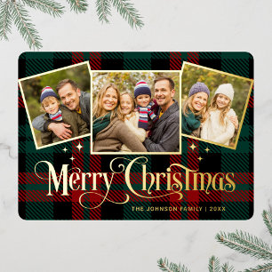 3 PHOTO Sparkle Merry-kerstgroet Gold Folie Feestdagenkaart