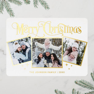 3 PHOTO Sparkle Merry-kerstgroet Gold Folie Feestdagenkaart