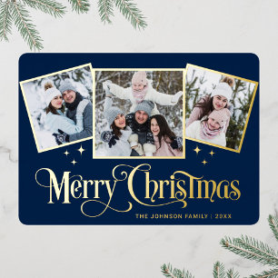 3 PHOTO Sparkle Merry-kerstgroet Gold Folie Feestdagenkaart