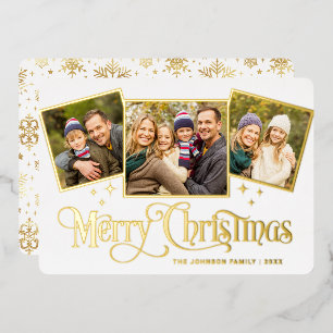 3 PHOTO Sparkle Merry-kerstgroet Gold Folie Feestdagenkaart