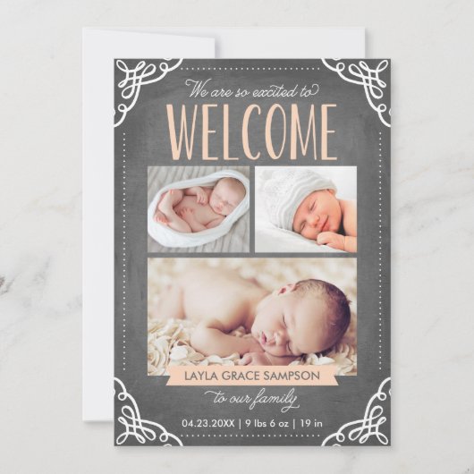 3-Photo Welcome Chalkboard | Aankondiging van gebo (Voorkant)