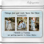 3 Photos Dusty Blue Enregistrer la date Magnet<br><div class="desc">Enregistrez l'aimant Date avec 3 de vos propres photos encadrées par une aquarelle bleue poussiéreuse.</div>