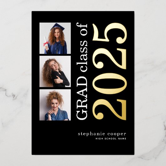 3 Photos Grad 2025 Real Gold Foil Faire-part (Recto)
