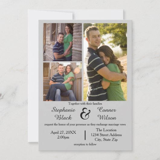 3 Photos Gris - Faire-part de mariage (Devant)