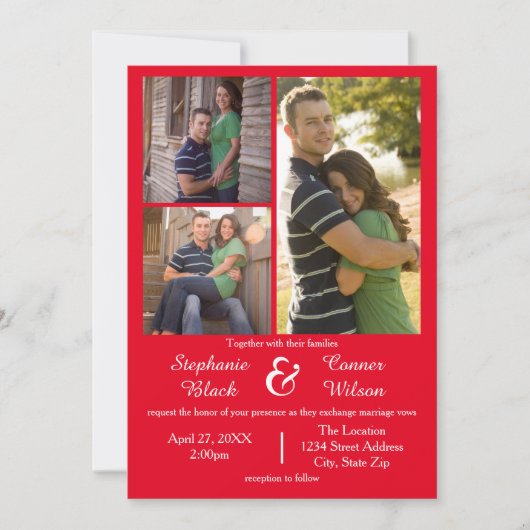 3 Photos Rouge - Invitation de Mariage (Devant)