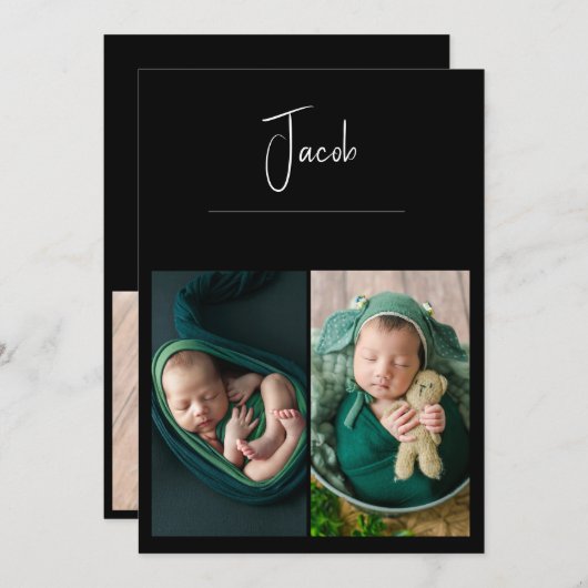 3 Photos Simple Bébé Faire-part de naissance Noir (Devant / Derrière)