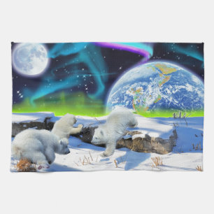 3 Polaire Beer Cubs spelen op sneeuw - Aardachtend Theedoek