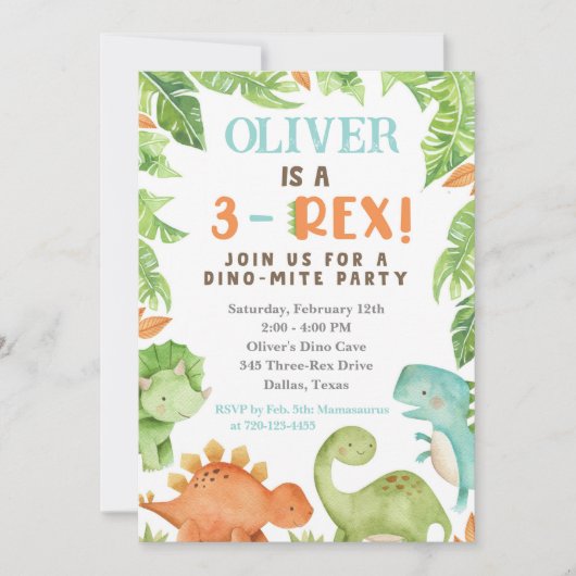 3-Rex Birthday Invitation, Dino 3rd Birthday Uitno Kaart (Voorkant)