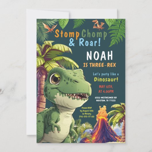 3 Rex Dinosaur 3e invitation anniversaire (Devant)