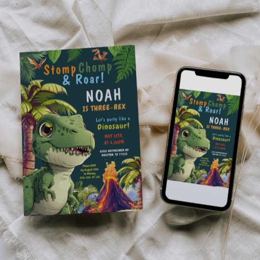 3 Rex Dinosaur 3e invitation anniversaire