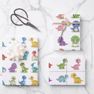 3 Schattige Kleurrijke Dino Patroon Verjaardags Wr Inpakpapier Vel