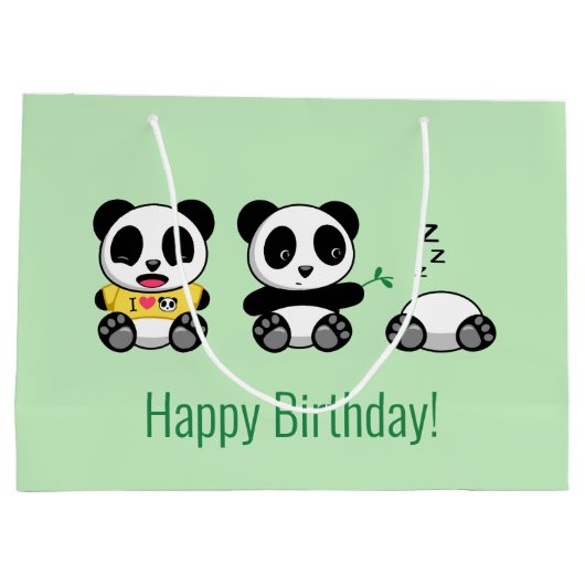 3 Schattigee kleine panda's op groen Groot Cadeauzakje (Achterkant)