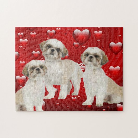 3 Shih Tzu Puppies met hartachtergrond Legpuzzel (Horizontaal)