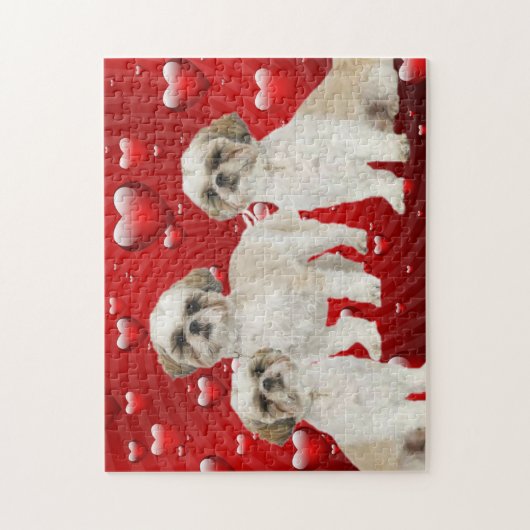3 Shih Tzu Puppies met hartachtergrond Legpuzzel (Verticaal)